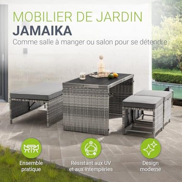 Découvrez notre test complet de l'ensemble mobilier de jardin Juskys Jamaika en polyrotin gris chiné : confort, design et durabilité pour votre espace extérieur