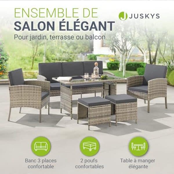 Découvrez notre évaluation détaillée du salon de jardin Turin Juskys 6 pièces en polyrotin gris : confort, esthétisme et durabilité au rendez-vous. Aménagez votre espace extérieur avec style et praticité.