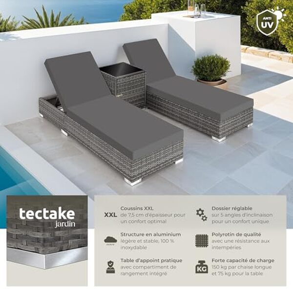 Découvrez notre avis complet sur les chaises longues TecTake® grises avec table et housses : confort, design et praticité pour un été relaxant
