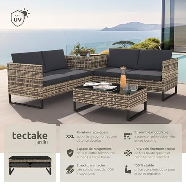 Découvrez notre avis sur le salon de jardin modulable Tectake : design, confort et flexibilité avec ce mobilier en poly rotin idéal pour votre extérieur